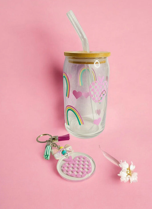 retro rainbow cup and keychain set