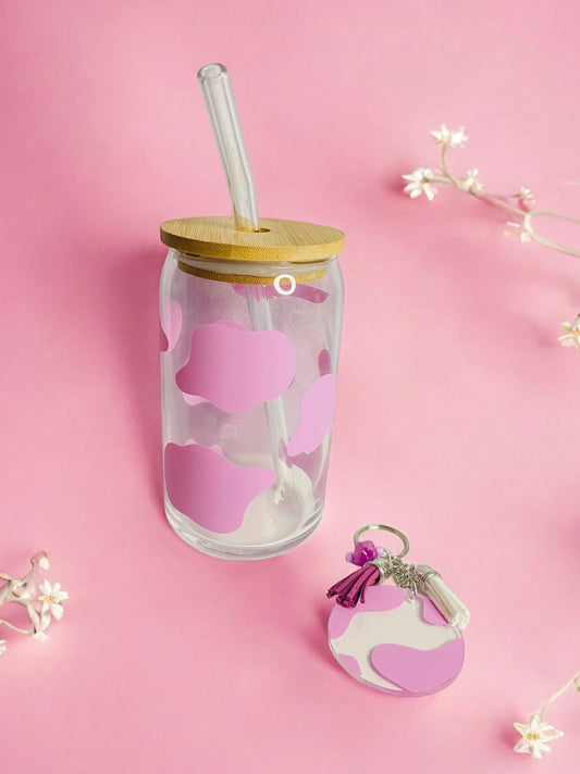 pink cow print cup and keychain set